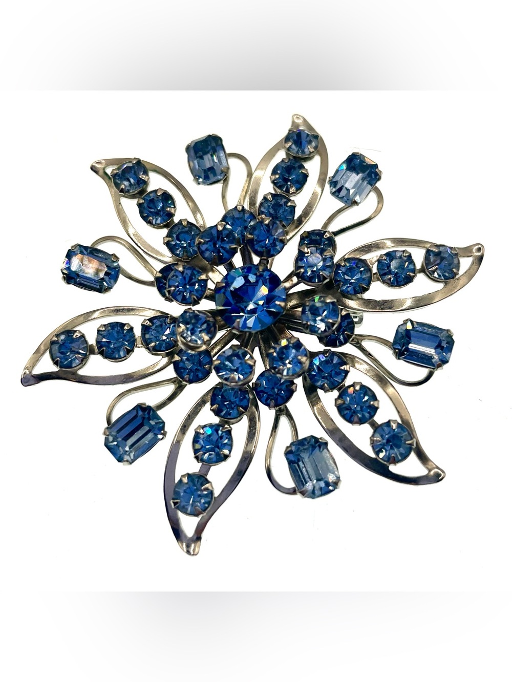 Vintage Mid Century Light Blue Rhinestone Floral Spray Brooch 2.5”